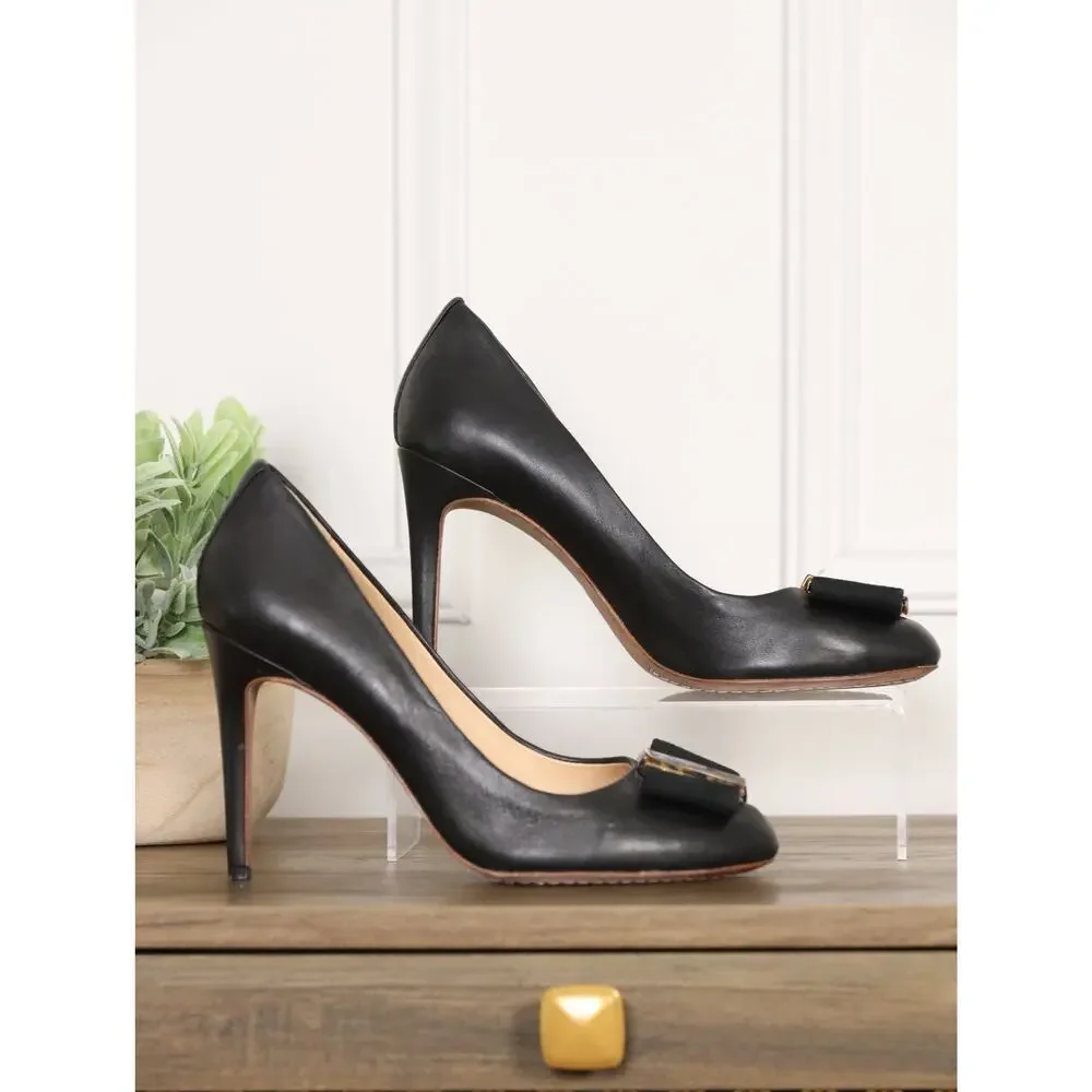 Tory Burch Black Leather Pumps Tortoise Logo Bow Heels Size 8 Classic Preppy